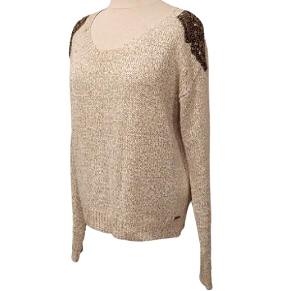 Guess Gold Metallic & Ivory Sweater w/Beaded Shoulder Epaulettes- Sz. Med - Picture 1 of 14